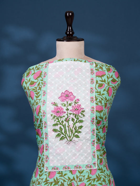 Hand Block Printed Cotton Suit with Elegant Neckwork and Printed Kota Doria Dupatta