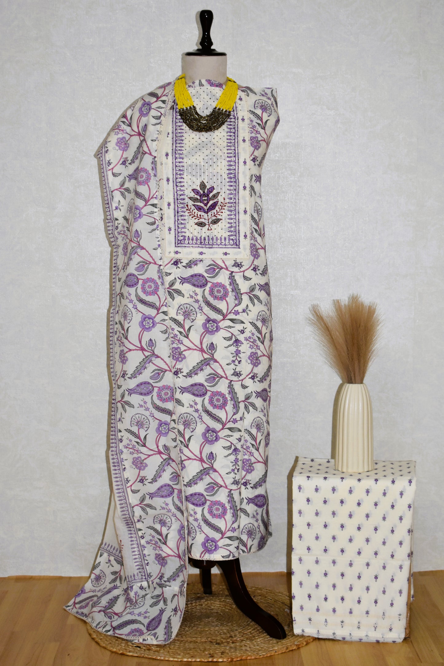 Hand Block Printed Cotton Suit with Elegant Neckwork and Soft Malmal Dupatta