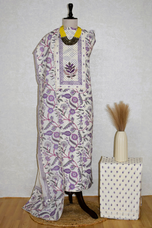 Hand Block Printed Cotton Suit with Elegant Neckwork and Soft Malmal Dupatta