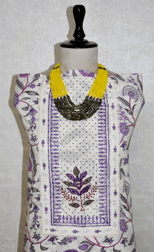 Hand Block Printed Cotton Suit with Elegant Neckwork and Soft Malmal Dupatta