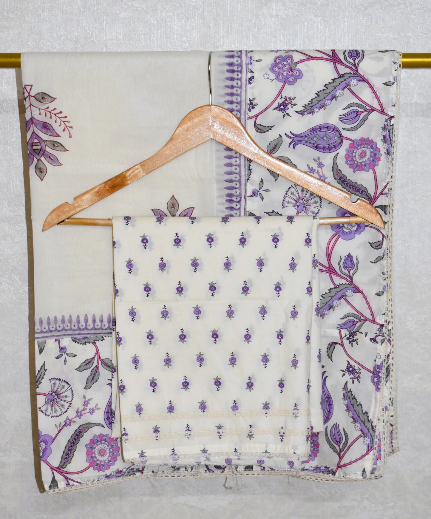 Hand Block Printed Cotton Suit with Elegant Neckwork and Soft Malmal Dupatta
