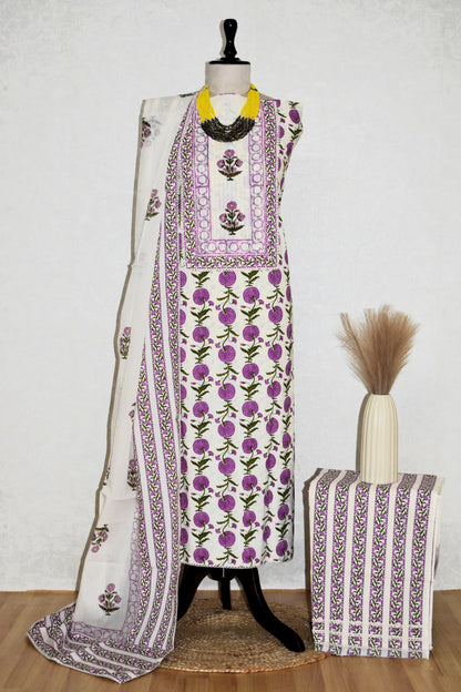 Hand Block Printed Cotton Suit with Elegant Neckwork and Soft Malmal Dupatta