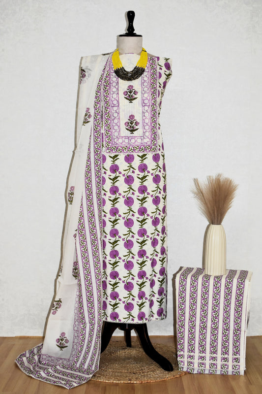 Hand Block Printed Cotton Suit with Elegant Neckwork and Soft Malmal Dupatta