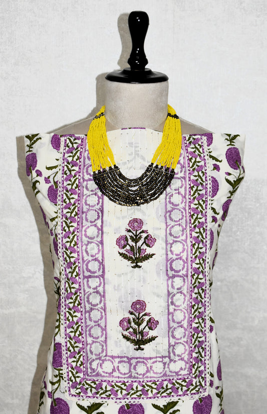 Hand Block Printed Cotton Suit with Elegant Neckwork and Soft Malmal Dupatta