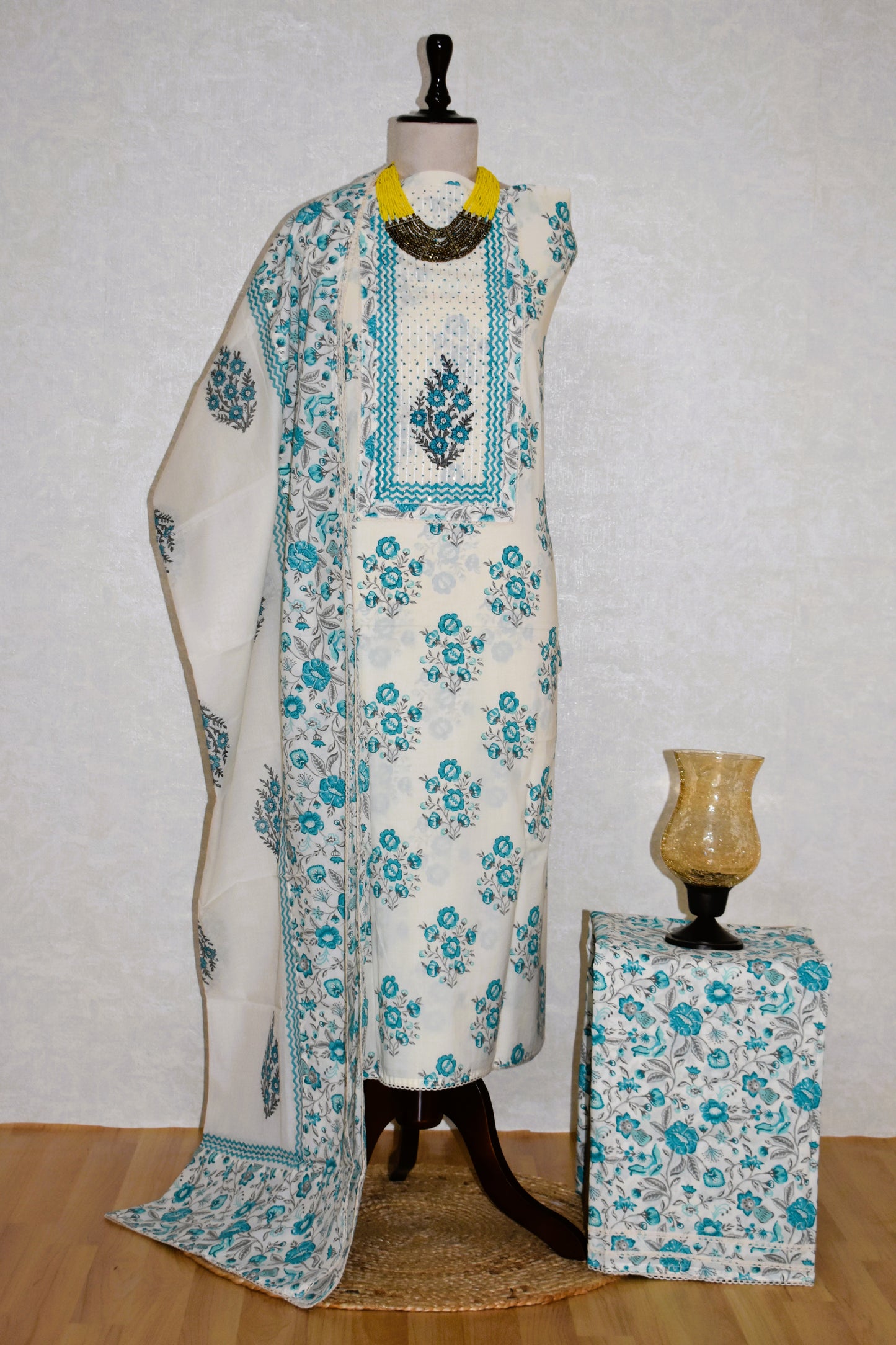 Hand Block Printed Cotton Suit with Elegant Neckwork and Soft Malmal Dupatta