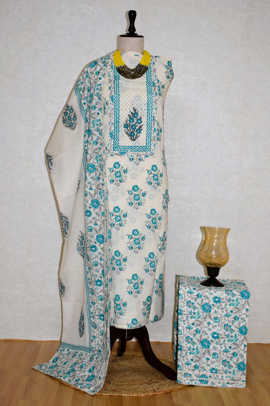 Hand Block Printed Cotton Suit with Elegant Neckwork and Soft Malmal Dupatta
