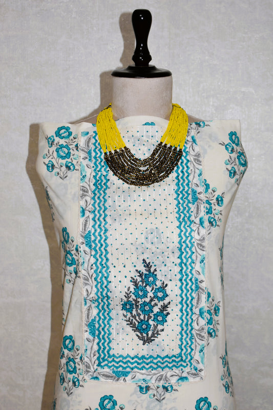 Hand Block Printed Cotton Suit with Elegant Neckwork and Soft Malmal Dupatta