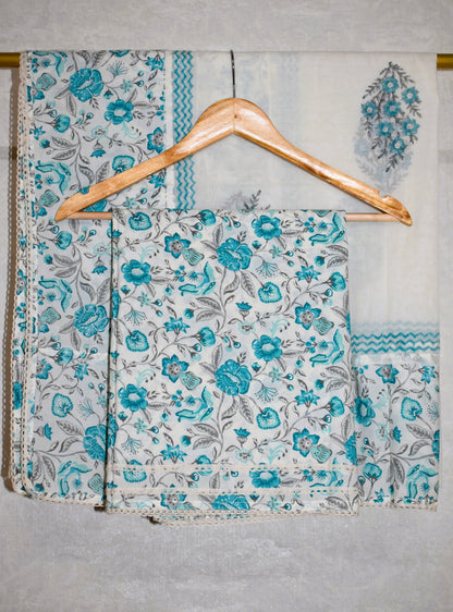 Hand Block Printed Cotton Suit with Elegant Neckwork and Soft Malmal Dupatta
