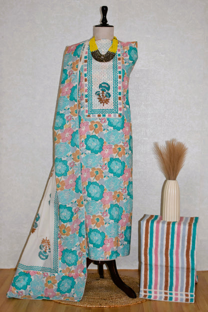 Hand Block Printed Cotton Suit with Elegant Neckwork and Soft Malmal Dupatta