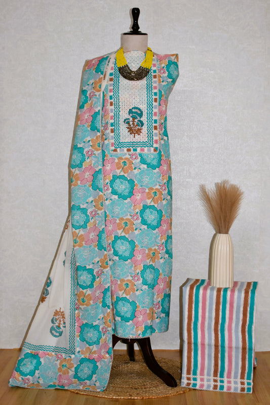 Hand Block Printed Cotton Suit with Elegant Neckwork and Soft Malmal Dupatta