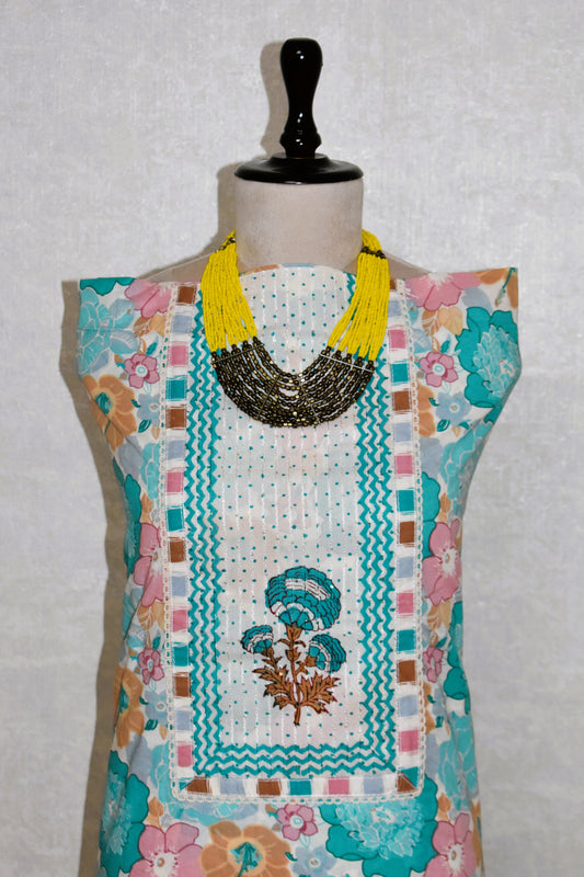 Hand Block Printed Cotton Suit with Elegant Neckwork and Soft Malmal Dupatta