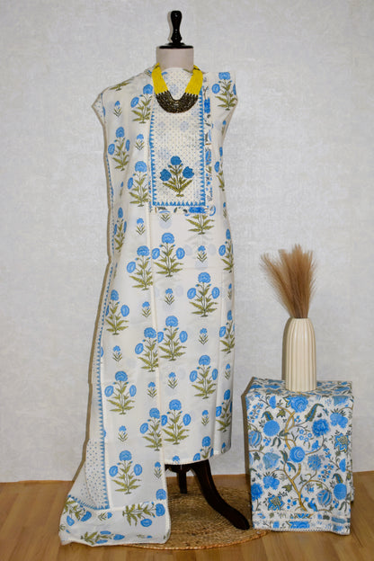 Hand Block Printed Cotton Suit with Elegant Neckwork and Soft Malmal Dupatta