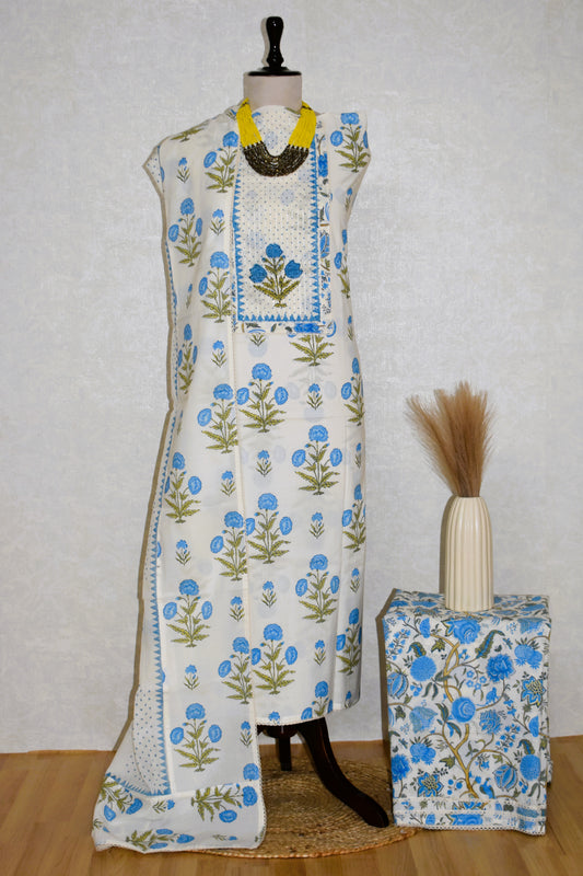 Hand Block Printed Cotton Suit with Elegant Neckwork and Soft Malmal Dupatta