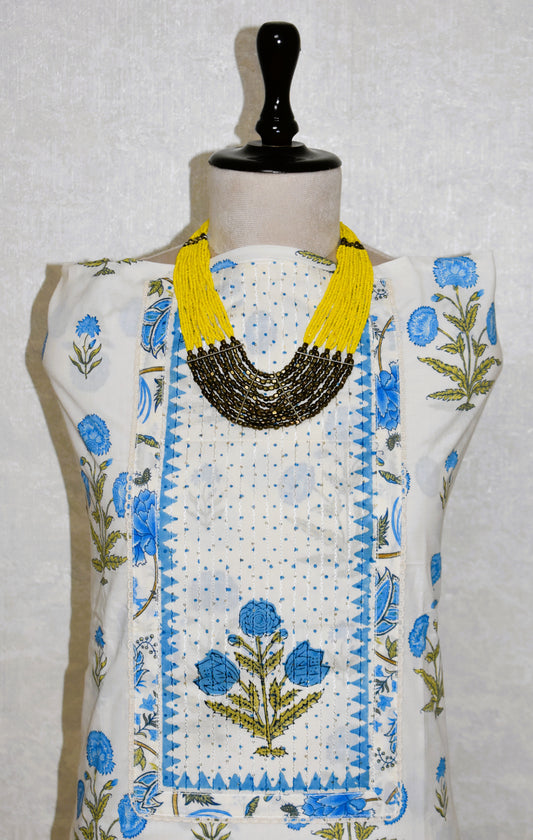 Hand Block Printed Cotton Suit with Elegant Neckwork and Soft Malmal Dupatta