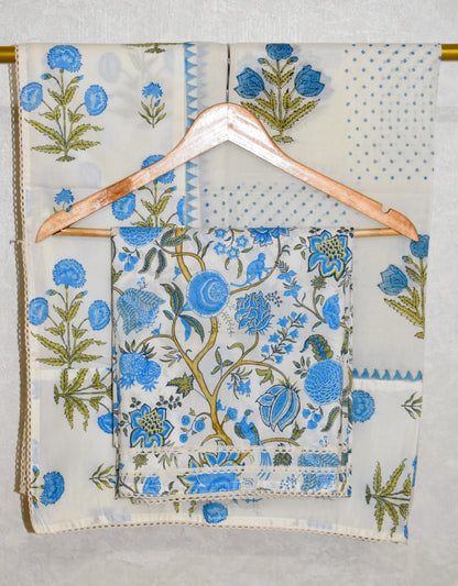 Hand Block Printed Cotton Suit with Elegant Neckwork and Soft Malmal Dupatta