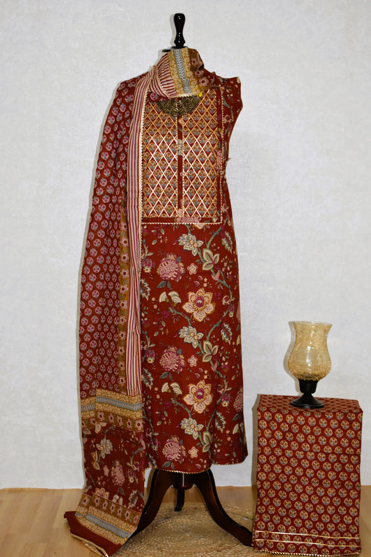 Hand Block Printed Cotton Suit with Elegant Neckwork and Soft Malmal Dupatta