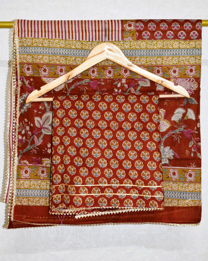 Hand Block Printed Cotton Suit with Elegant Neckwork and Soft Malmal Dupatta