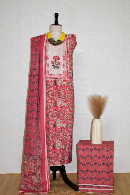 Hand Block Printed Cotton Suit with Elegant Neckwork and Soft Malmal Dupatta