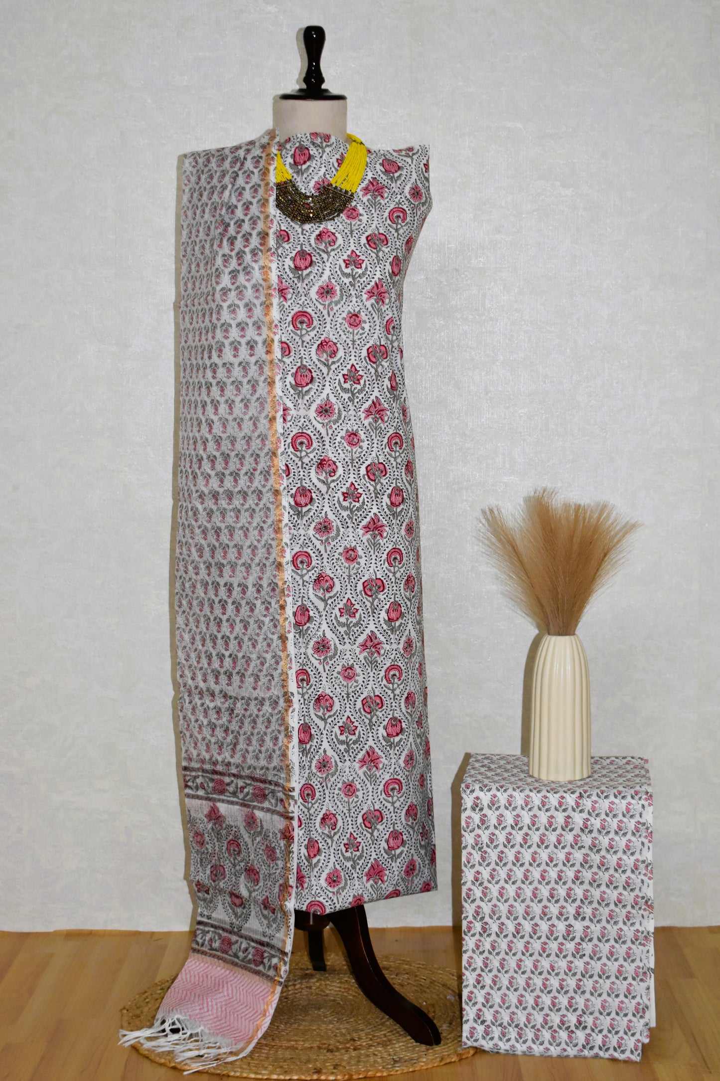 Ogee Floral Hand Block Printed Cotton Suit With Kota Doria  Dupatta