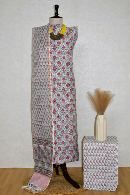 Ogee Floral Hand Block Printed Cotton Suit With Kota Doria  Dupatta