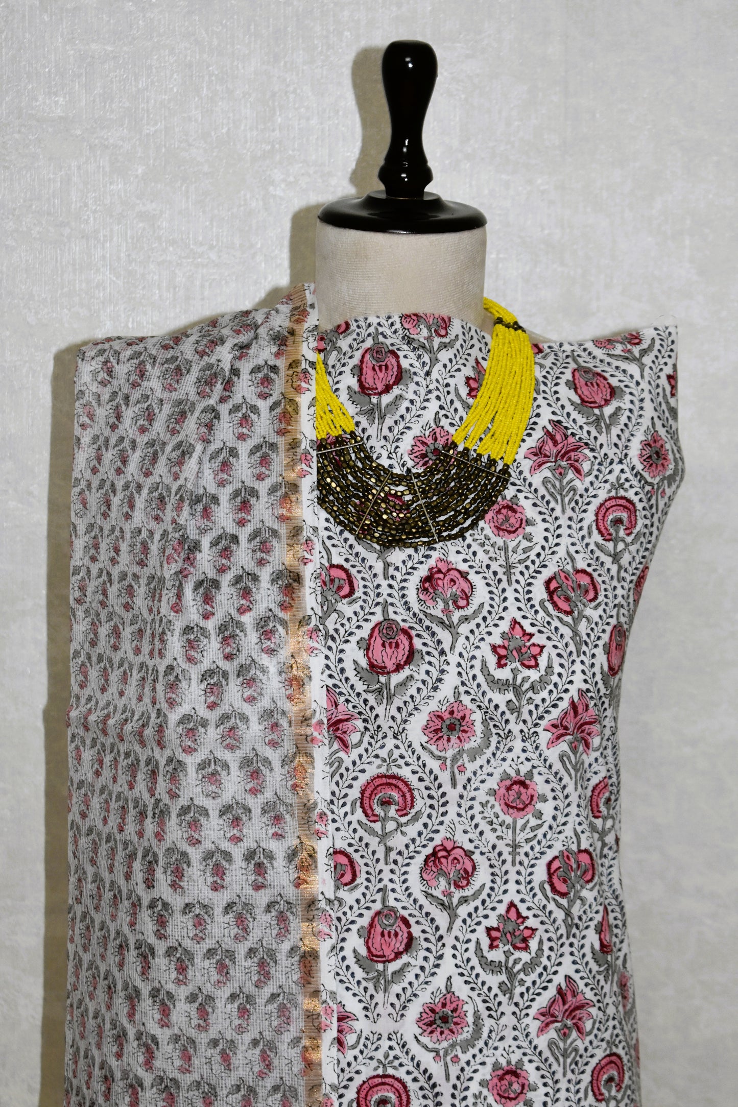 Ogee Floral Hand Block Printed Cotton Suit With Kota Doria  Dupatta