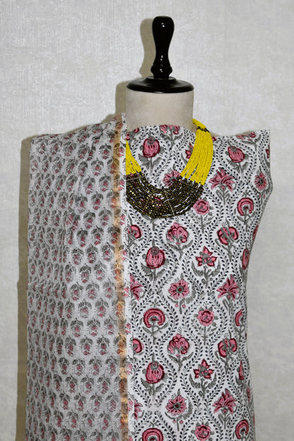 Ogee Floral Hand Block Printed Cotton Suit With Kota Doria  Dupatta
