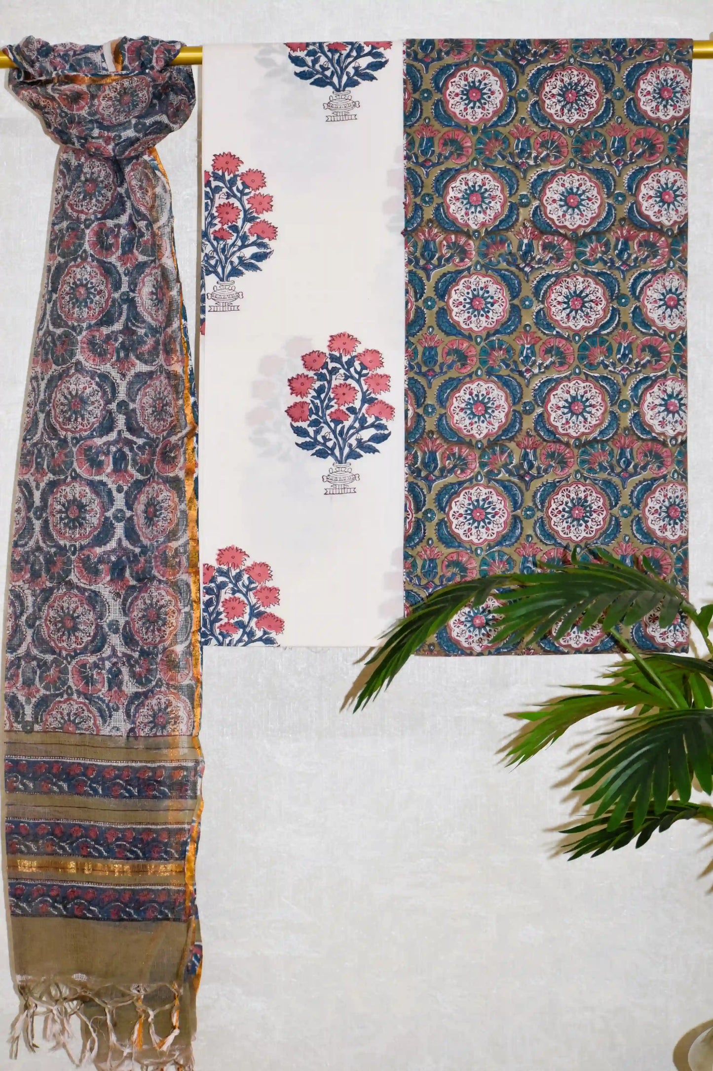 All-over Floral Hand Block Printed Cotton Suit With Kota Doria  Dupatta