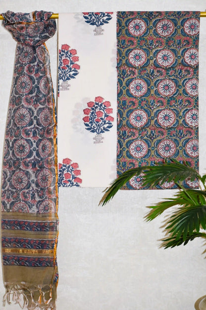 All-over Floral Hand Block Printed Cotton Suit With Kota Doria  Dupatta