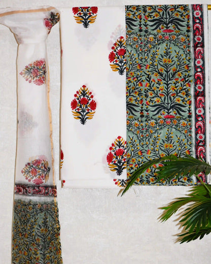 All-over Floral Hand Block Printed Cotton Suit With Kota Doria  Dupatta