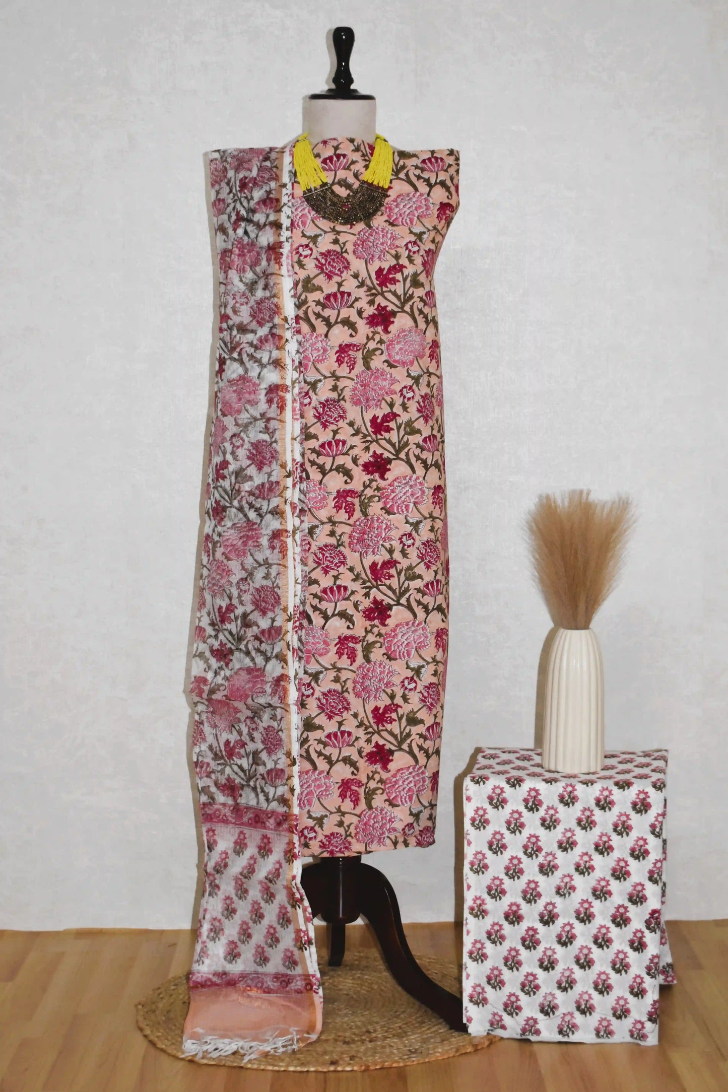 All-over Floral Hand Block Printed Cotton Suit With Kota Doria  Dupatta