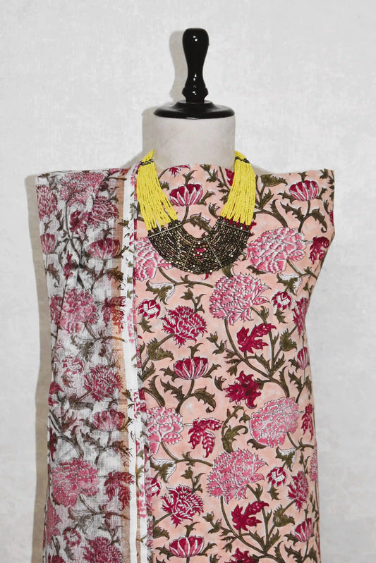 All-over Floral Hand Block Printed Cotton Suit With Kota Doria  Dupatta
