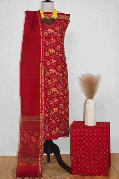 Red All-over Floral Hand Block Printed Cotton Suit With Kota Doria  Dupatta