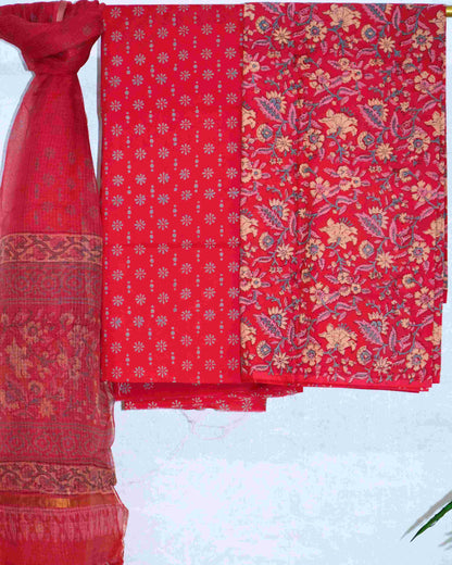 Red All-over Floral Hand Block Printed Cotton Suit With Kota Doria  Dupatta