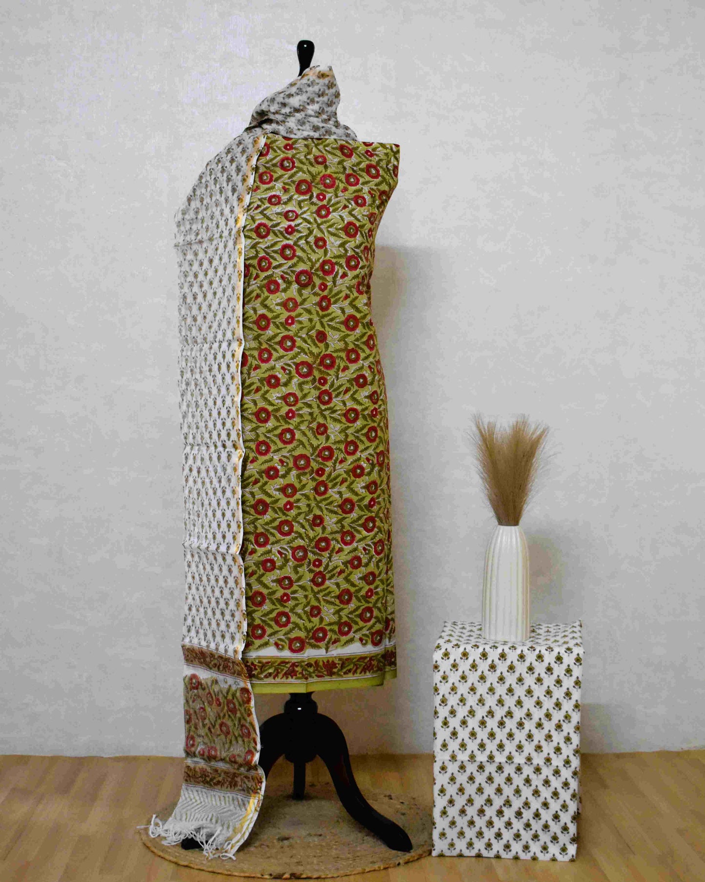 All-over Hand Block Printed Cotton Suit With Kota Doria  Dupatta