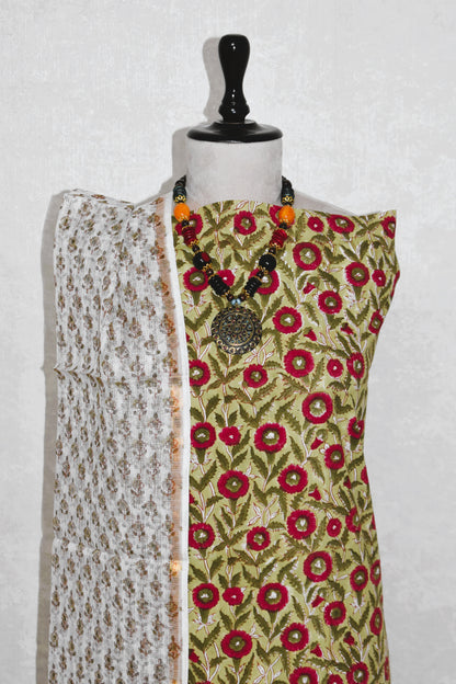 All-over Hand Block Printed Cotton Suit With Kota Doria  Dupatta