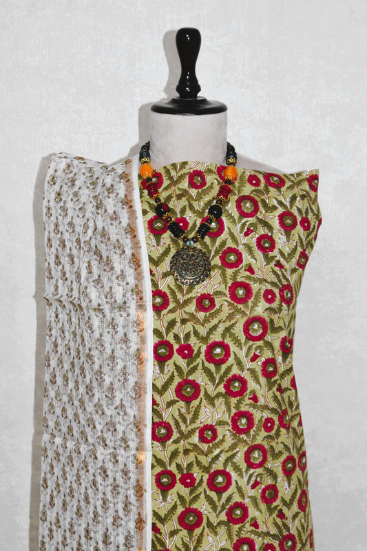 All-over Hand Block Printed Cotton Suit With Kota Doria  Dupatta