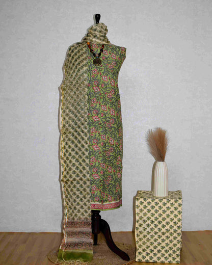 All-over Hand Block Printed Cotton Suit With Kota Doria  Dupatta