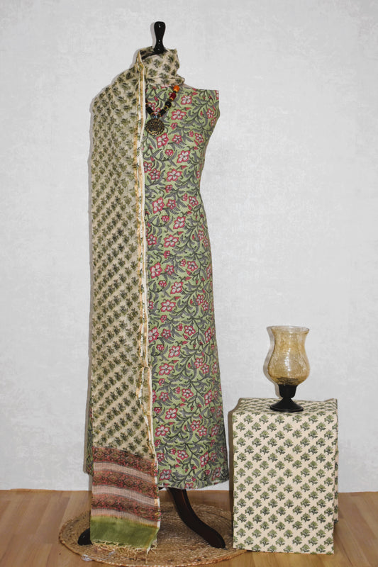 All-over Hand Block Printed Cotton Suit With Kota Doria  Dupatta