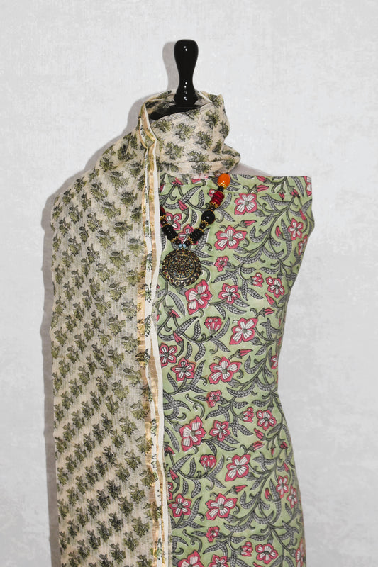 All-over Hand Block Printed Cotton Suit With Kota Doria  Dupatta