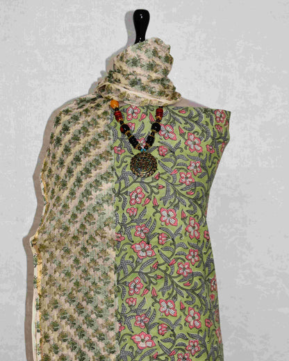 All-over Hand Block Printed Cotton Suit With Kota Doria  Dupatta