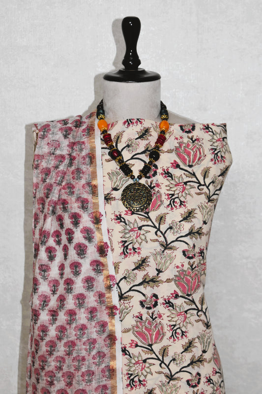 All-over Hand Block Printed Cotton Suit With Kota Doria  Dupatta