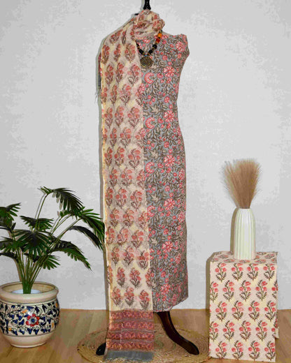 All-over Floral Hand Block Printed Cotton Suit With Kota Doria  Dupatta