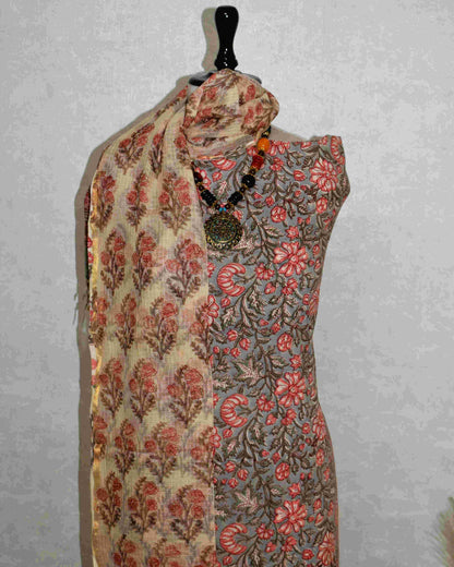 All-over Floral Hand Block Printed Cotton Suit With Kota Doria  Dupatta