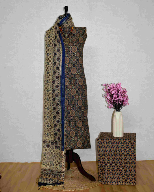 Blue AJRAK Printed Unstitched Cotton Suit Set with Kota Doria Dupatta
