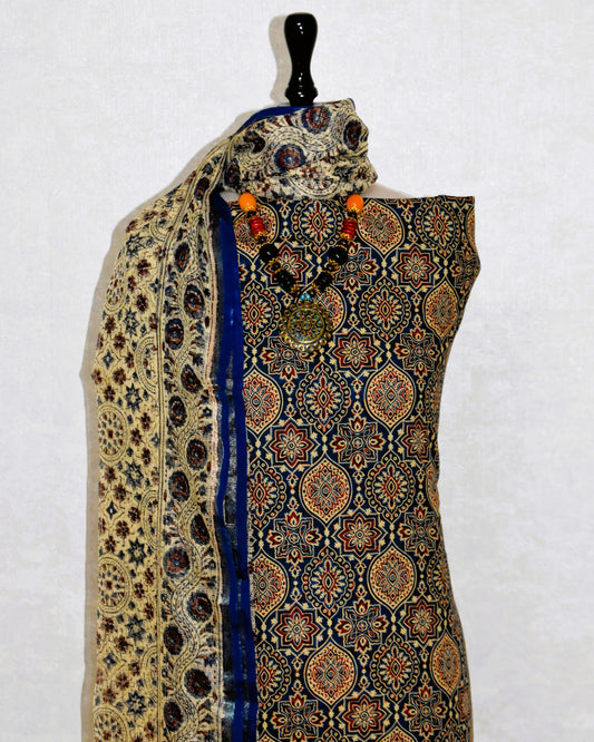 Blue AJRAK Printed Unstitched Cotton Suit Set with Kota Doria Dupatta