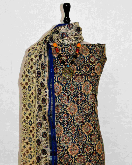 Blue AJRAK Printed Unstitched Cotton Suit Set with Kota Doria Dupatta