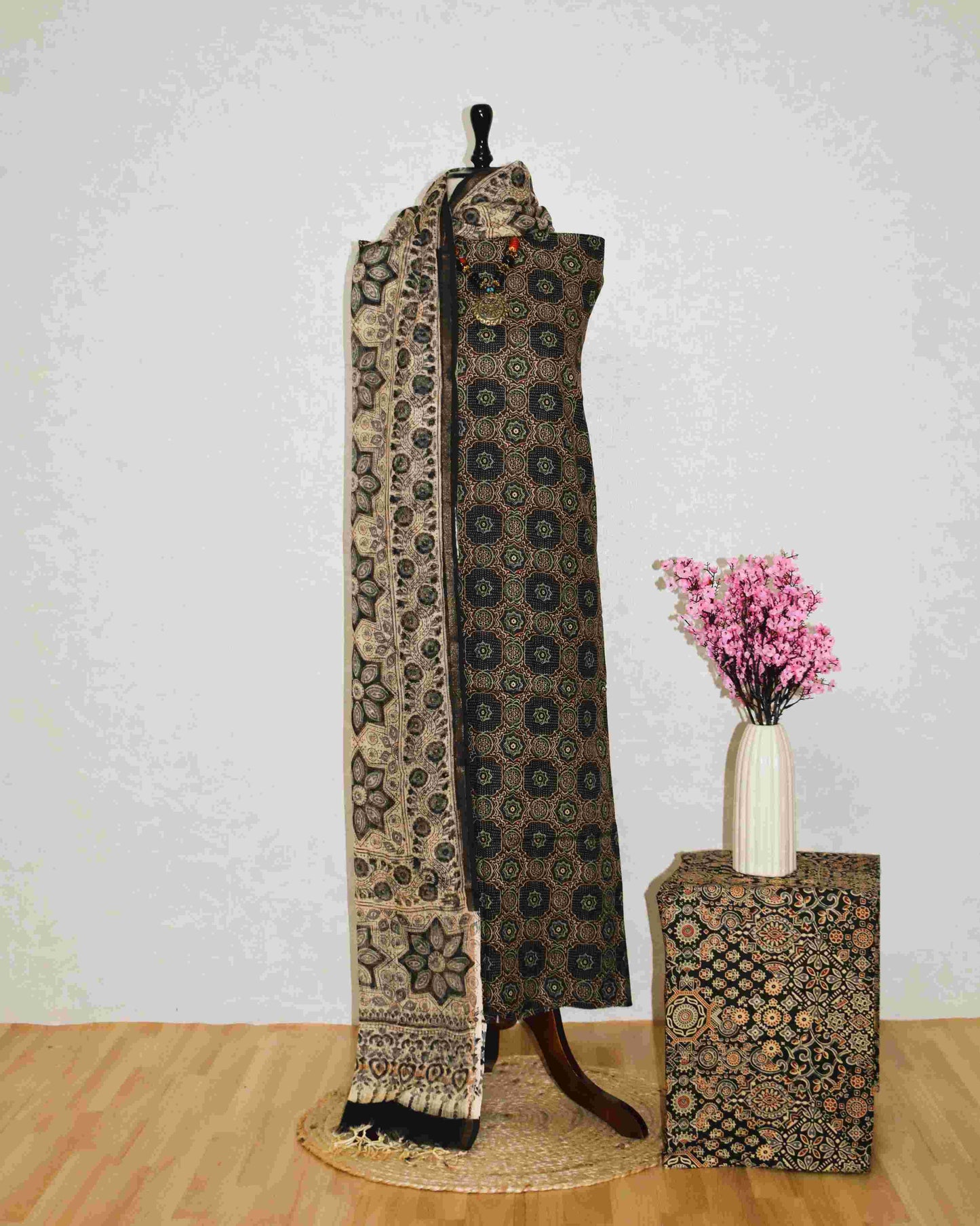 Black AJRAK Printed Unstitched Cotton Suit Set with Kota Doria Dupatta