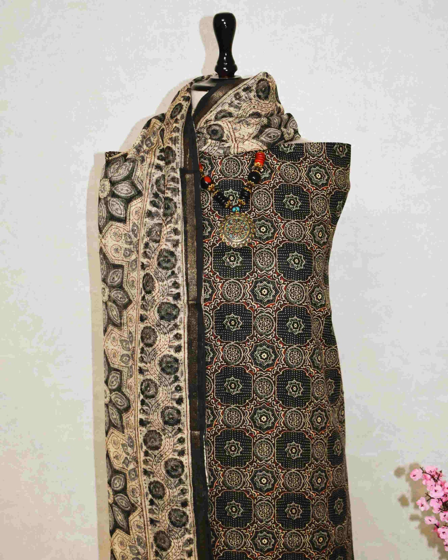 Black AJRAK Printed Unstitched Cotton Suit Set with Kota Doria Dupatta