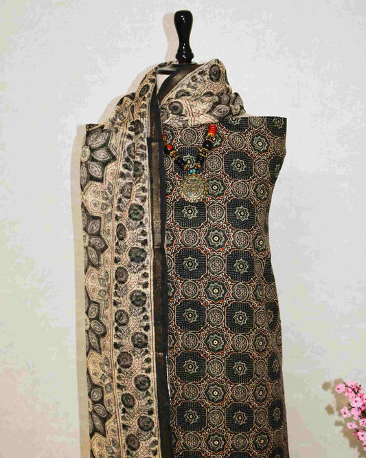 Black AJRAK Printed Unstitched Cotton Suit Set with Kota Doria Dupatta