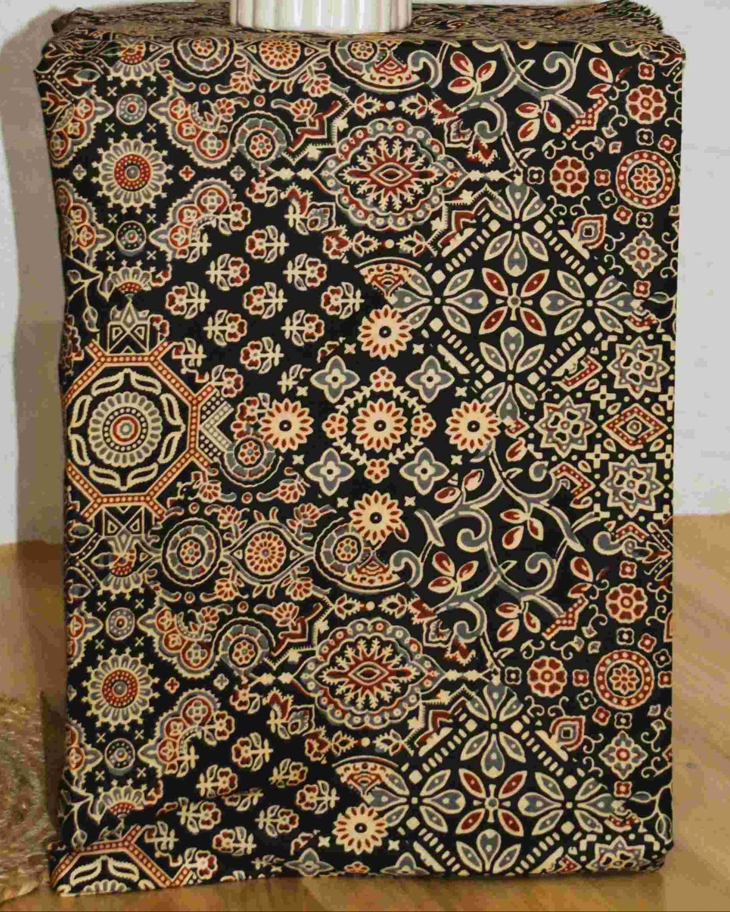 Black AJRAK Printed Unstitched Cotton Suit Set with Kota Doria Dupatta